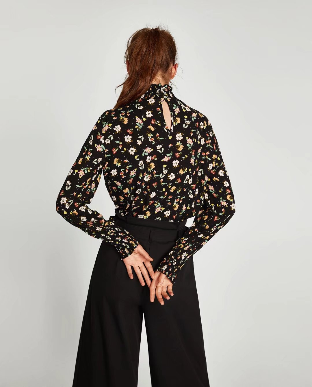 2017春夏新款欧洲站褶皱领上衣 女式印花衬衫 xsz1458