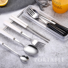 创意礼品黑白色陶瓷柄不锈钢餐具 勺叉筷便携餐具三件套四件套装