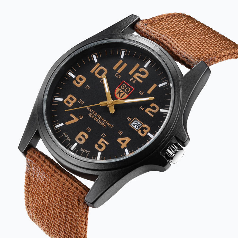 soki aliexpress wish popular swiss fashion army style watch woven nylon strap men‘s calendar sports quartz watch