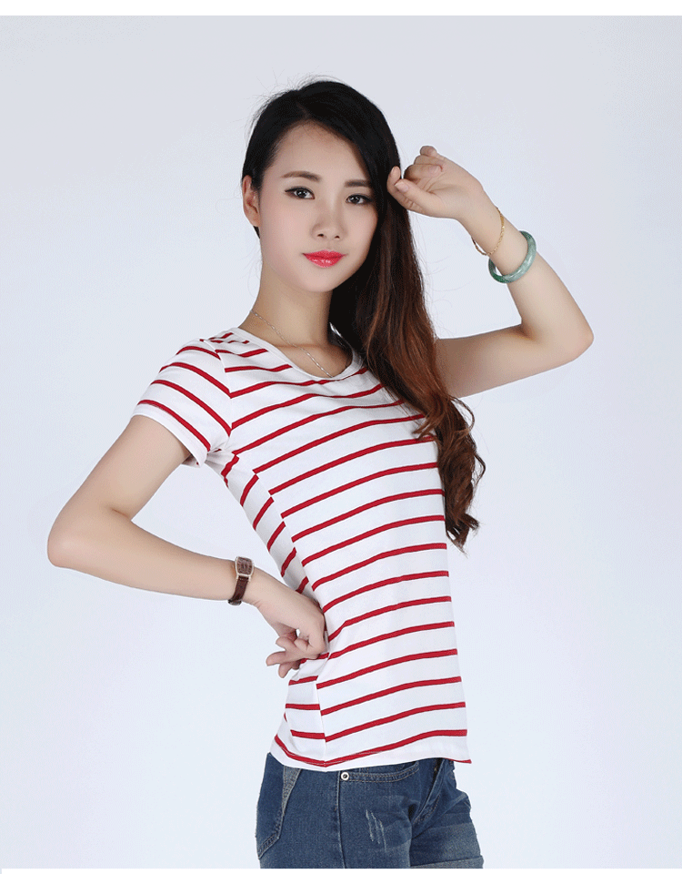 意帕尔2017女士韩版条纹短袖纯棉t恤女