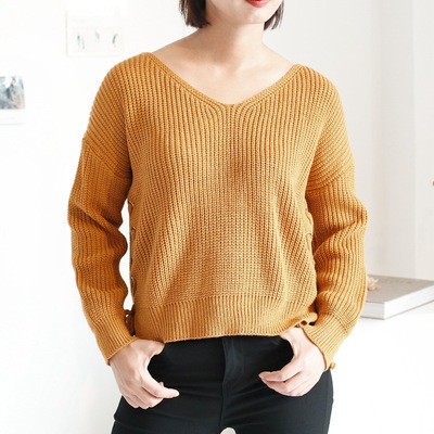 秋装新款v领针织衫侧开叉系带纯色毛衣女011488