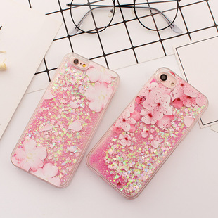 iphone7粉色樱花少女流沙手机壳 苹果7 plus 软边彩绘 闪粉保护