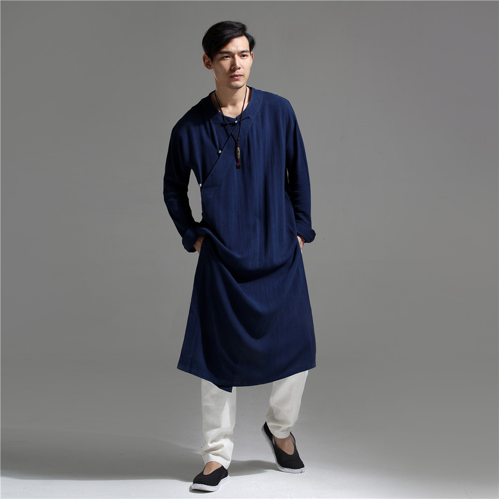 阿萨佑服饰 17新品棉麻中国风复古男款银扣长袍休闲宽松长衫