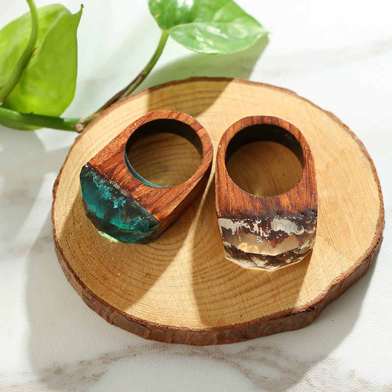 木质戒指 速卖通wish新品 弧形戒指多色仿锆石切面指环关节戒