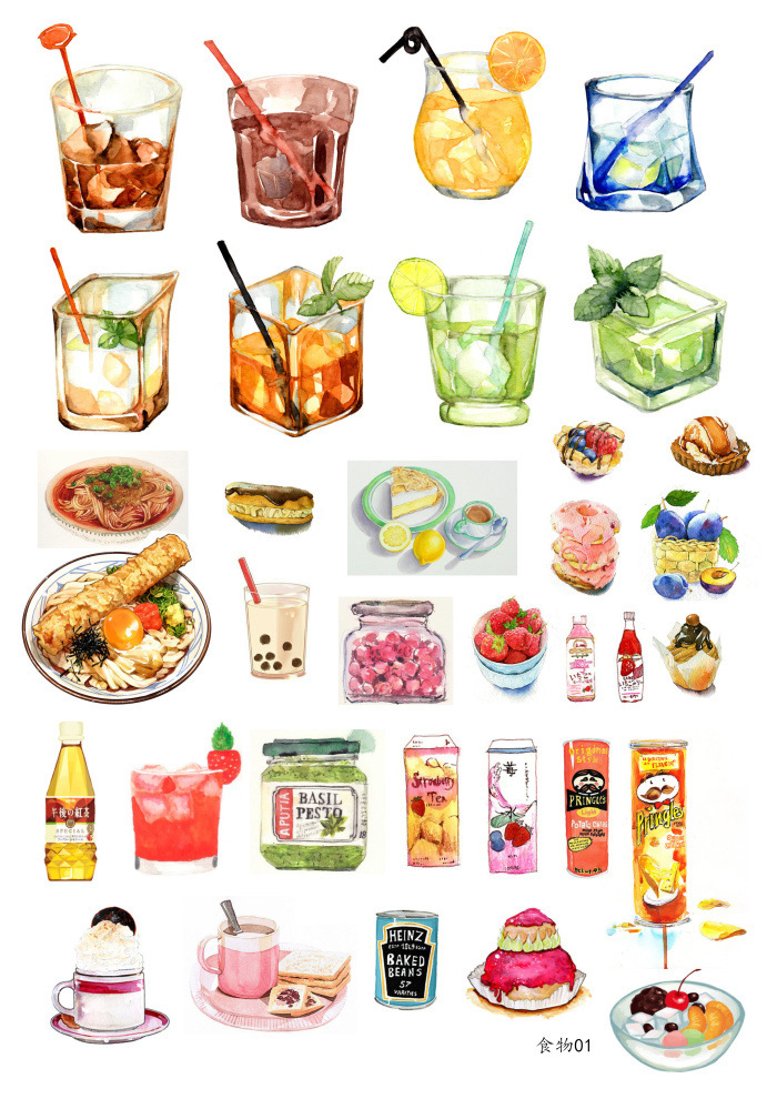 手帐贴纸 a5 相册装饰 手绘食物 笔记本日记本不干胶自粘背胶贴纸
