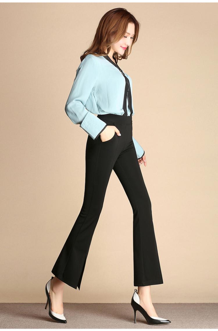 2017秋季新款高腰开叉微喇叭裤女阔腿显瘦休闲九分裤子女装批发潮