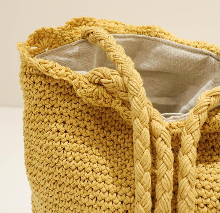 2019年新款日韩复古度假风松紧封口麻绳编织包草编包单肩手提桶包