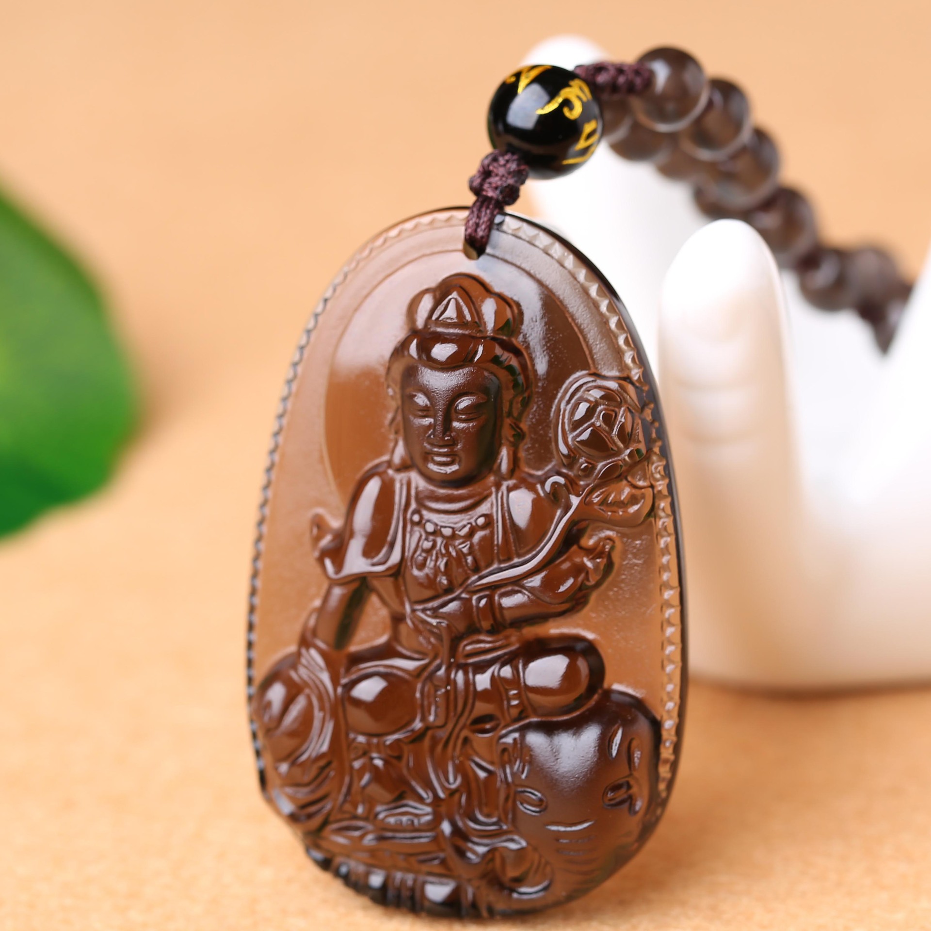 听涛包邮 冰种天然黑曜石 普贤菩萨吊坠生肖属龙属蛇守护神本