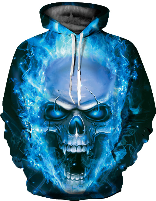 2017欧美外贸 蓝色骷髅印花带帽口袋套头卫衣男潮带帽男卫衣