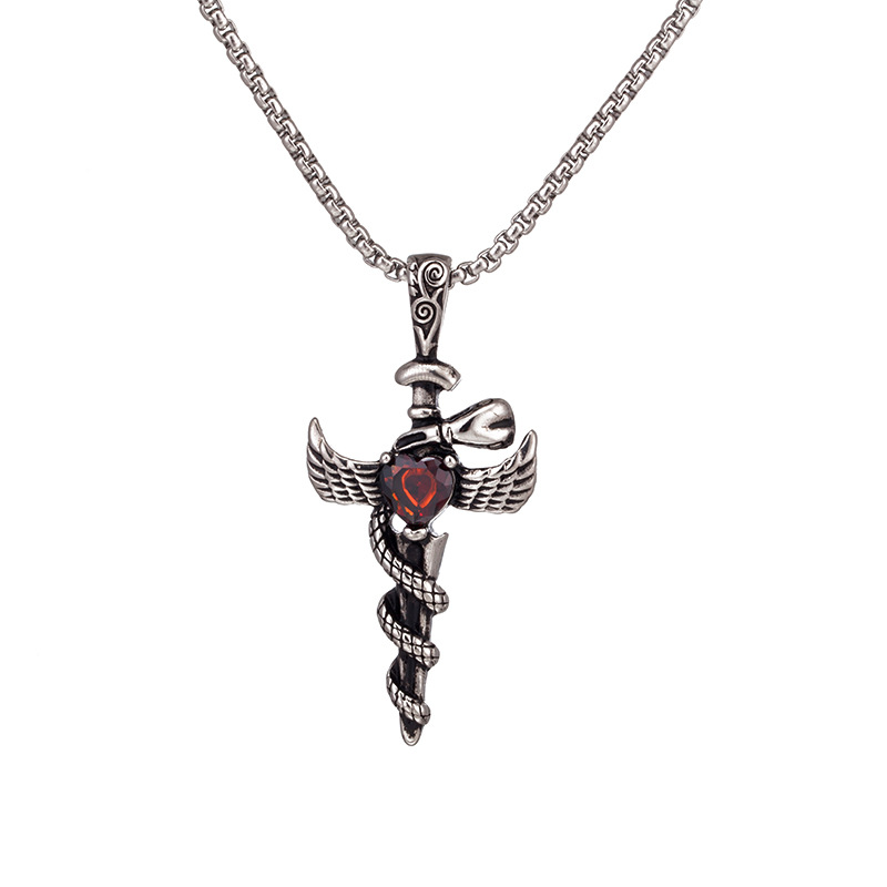 新款钛钢项链饰品 镶钻宝剑吊坠不锈钢男士创意项链 蛇项饰厂家