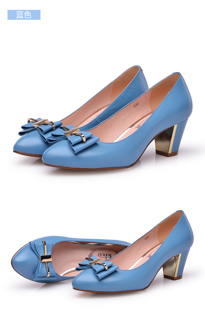 金猴女鞋 春秋新款真皮羊皮单鞋女甜美中跟尖头蝴蝶结方根鞋