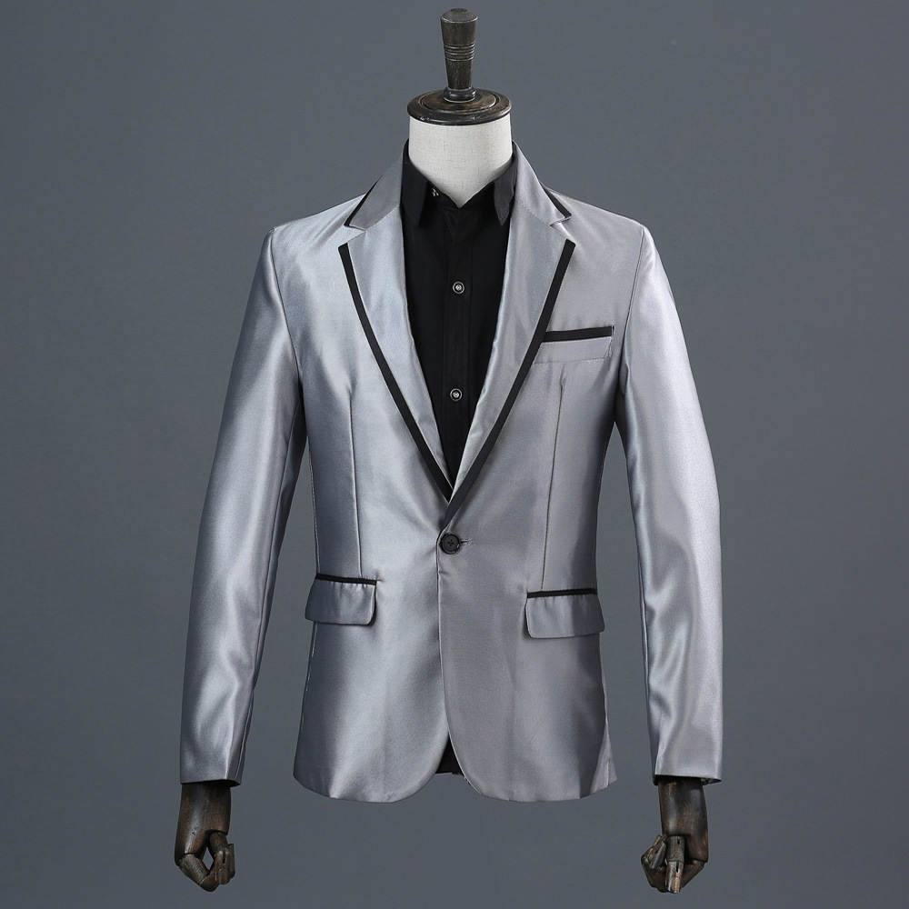 男镶边西服主持人演出服长袖套装舞台歌手西装黑白金银色写真礼服