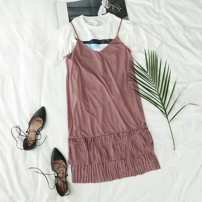 春夏新款韩版百搭百褶裙女宽松中长款吊带连衣裙011175