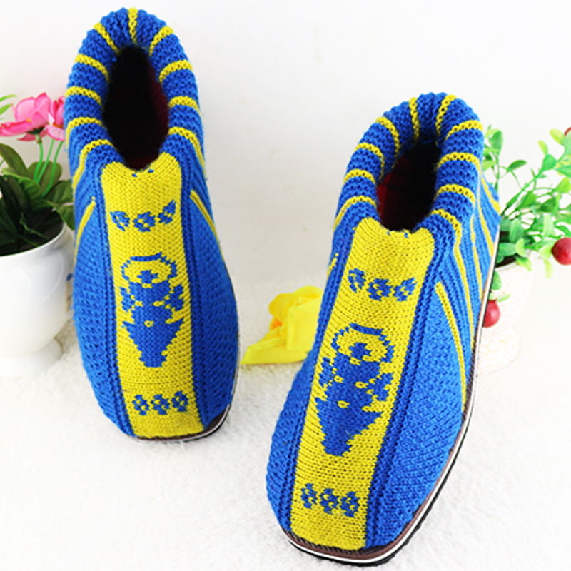 蓝色手工毛线鞋男性女性年轻人冬季厚海绵橡胶鞋底义乌毛线鞋批发