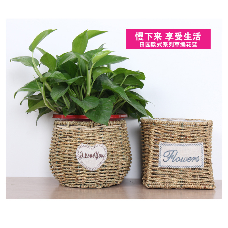 Factory Wholesale Hand-Woven Straw Rope round and Square Green Radish Succulents Iron Flower Pot Straw Woven Storage Basket