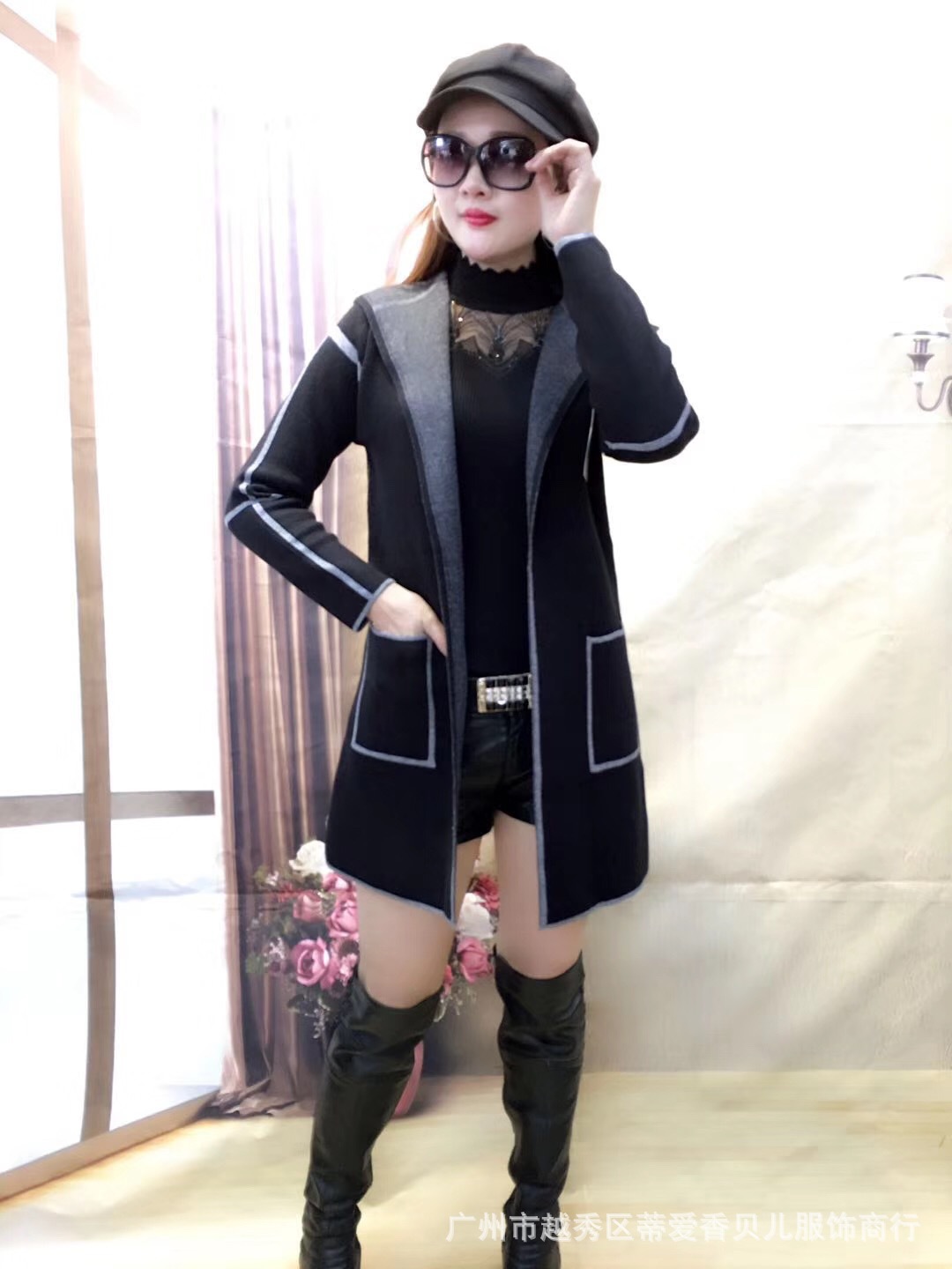 2017秋冬香贝儿8763双面毛呢开衫外套简洁时尚保暖收腰显瘦中长款