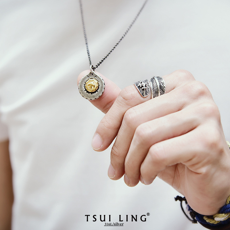 日本中古高桥古银饼九敲边飞鸟老鹰镶嵌太阳男女情侣小吊坠项链