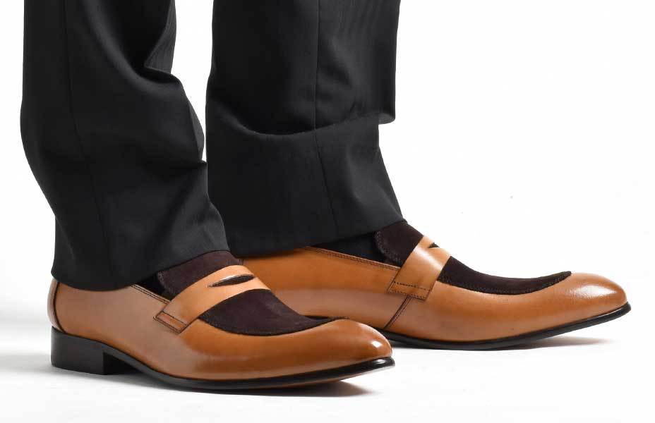 新款高端男士商务正装休闲潮流打蜡真皮套脚拼色经典尖头男皮鞋