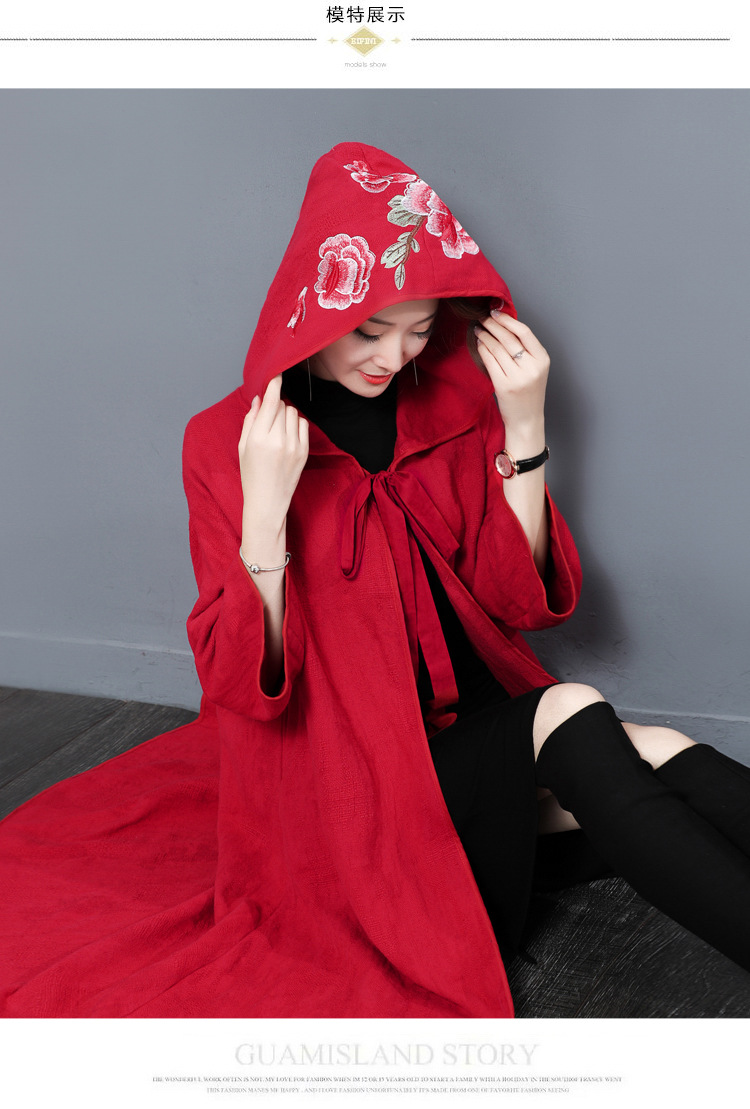 实拍民族风棉麻女巫袍子秋冬复古宽松斗篷刺绣披风衣连帽外套6357