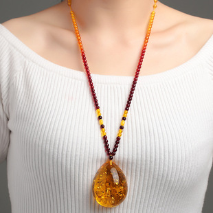 天然正品花珀吊坠琥珀蜜蜡项链男女款毛衣链