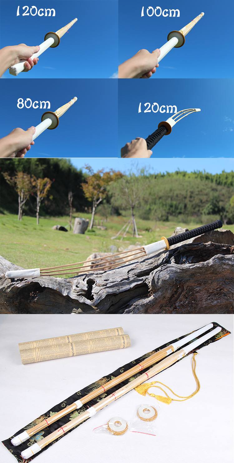 中款竹剑全长:100cm 刃长:72cm  柄长:28cm 短款竹剑全长:80cm 刃长