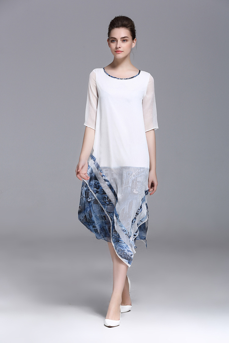 欧美2017夏季新款真丝连衣裙气质修身拼接大摆桑蚕丝长裙女裙子