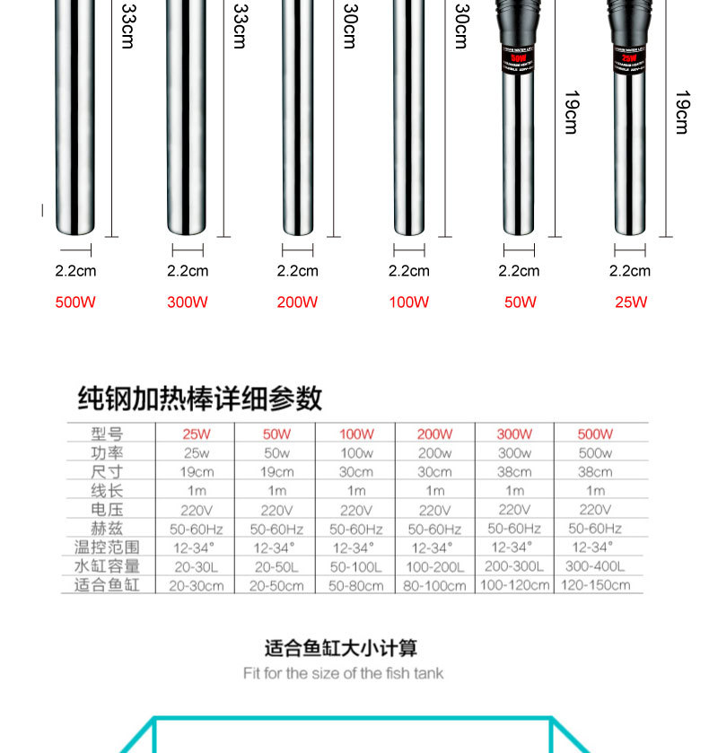 鱼缸龟缸水族箱加热棒不锈钢玻璃自动恒温加温棒25w-500w