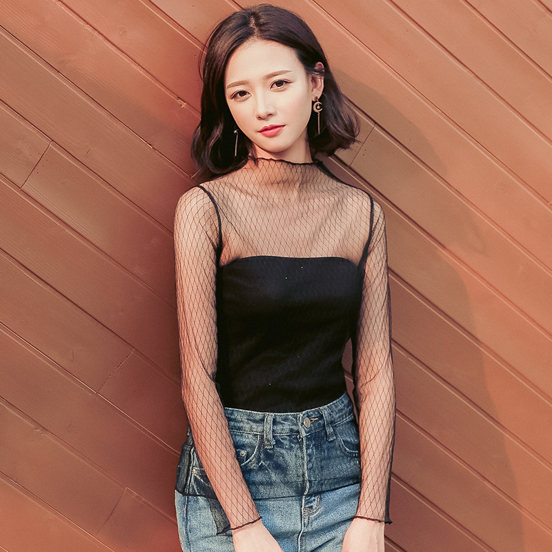 2017夏季新款韩版打底衫女长袖百搭网纱衣透视性感蕾丝衫长袖t恤