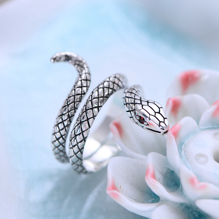 小黑银饰批发s925银饰品复古泰银开口十二生肖银蛇戒指个性男女