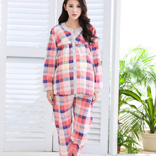 夏季梭织薄款月子服韩版怀孕期睡衣格子孕妇产后家居服喂奶衣套装