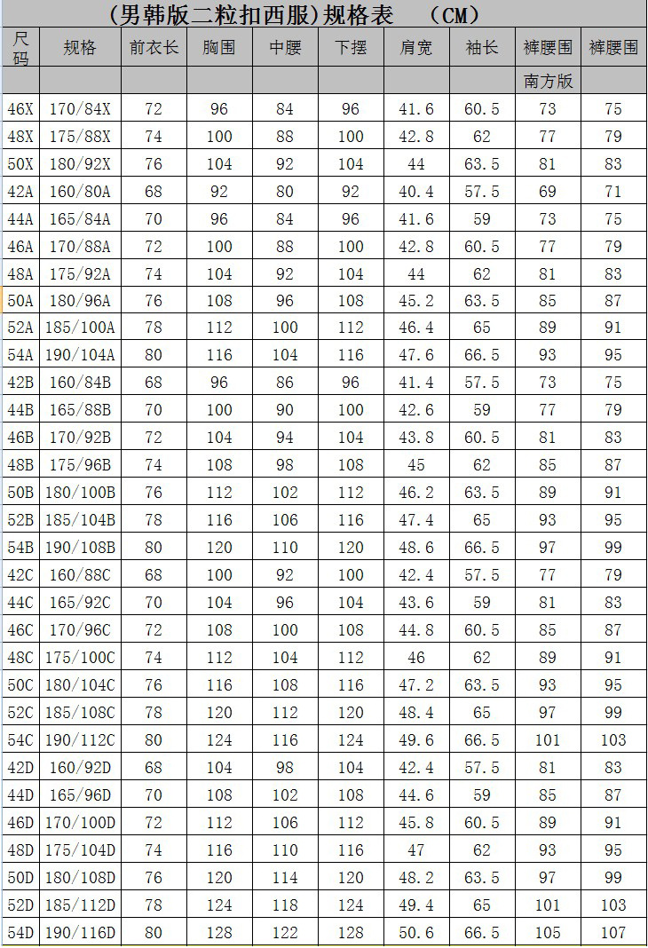 男士西服尺码表(34个码)