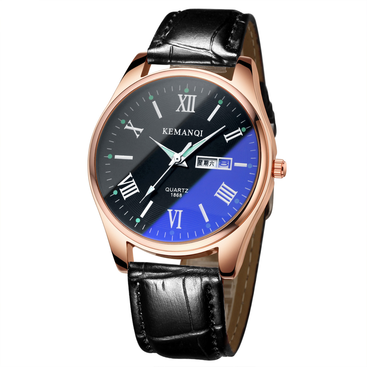 科曼奇新款大表盘夜光双历男女表 微商一件代发蓝光商务钢带表