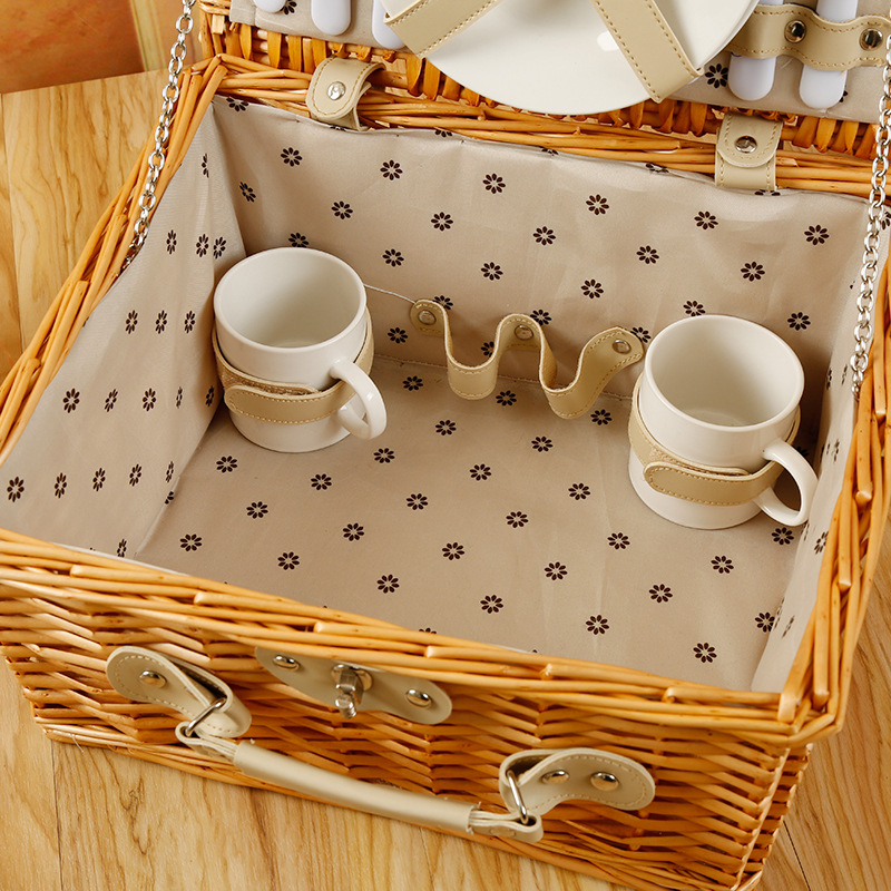 New Outdoor Picnic Basket with Tableware for 4 People Picnic Basket Set Wicker Woven Semicircle Picnic Basket
