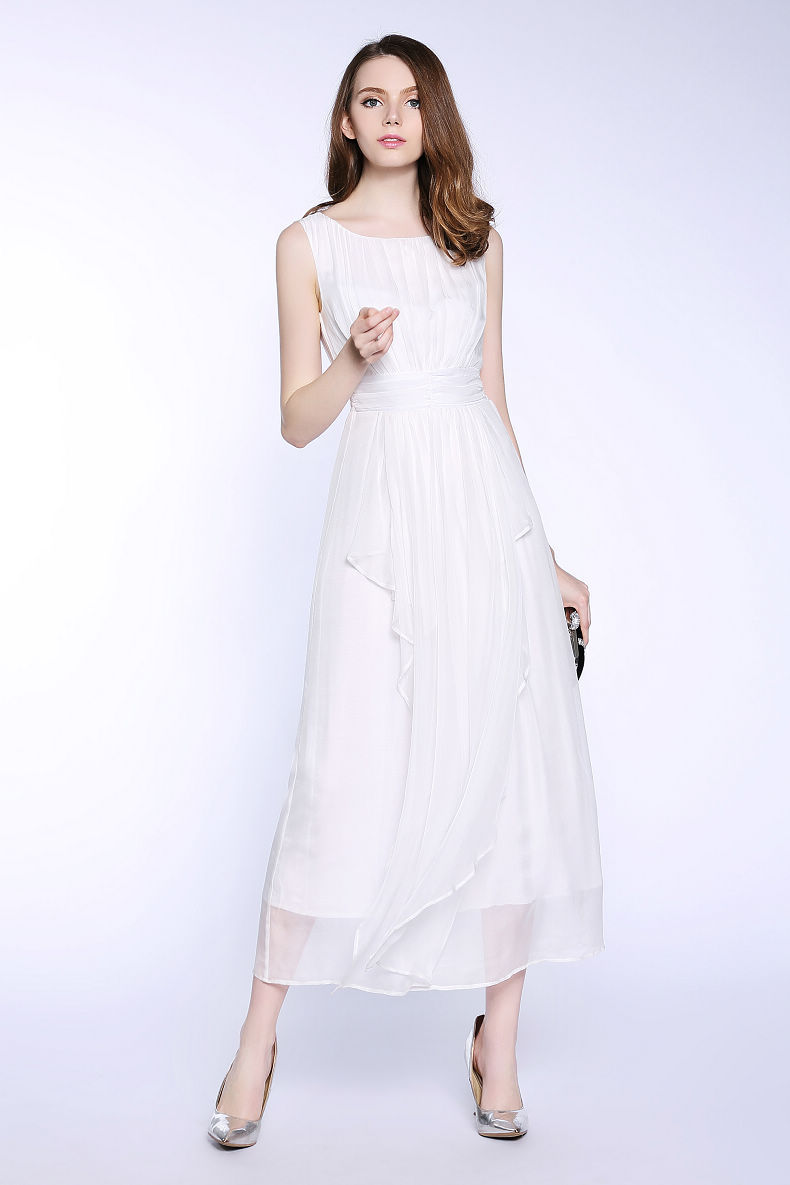 春夏纯白色无袖不规则下摆桑蚕丝真丝连衣裙旅游度假泰国88002