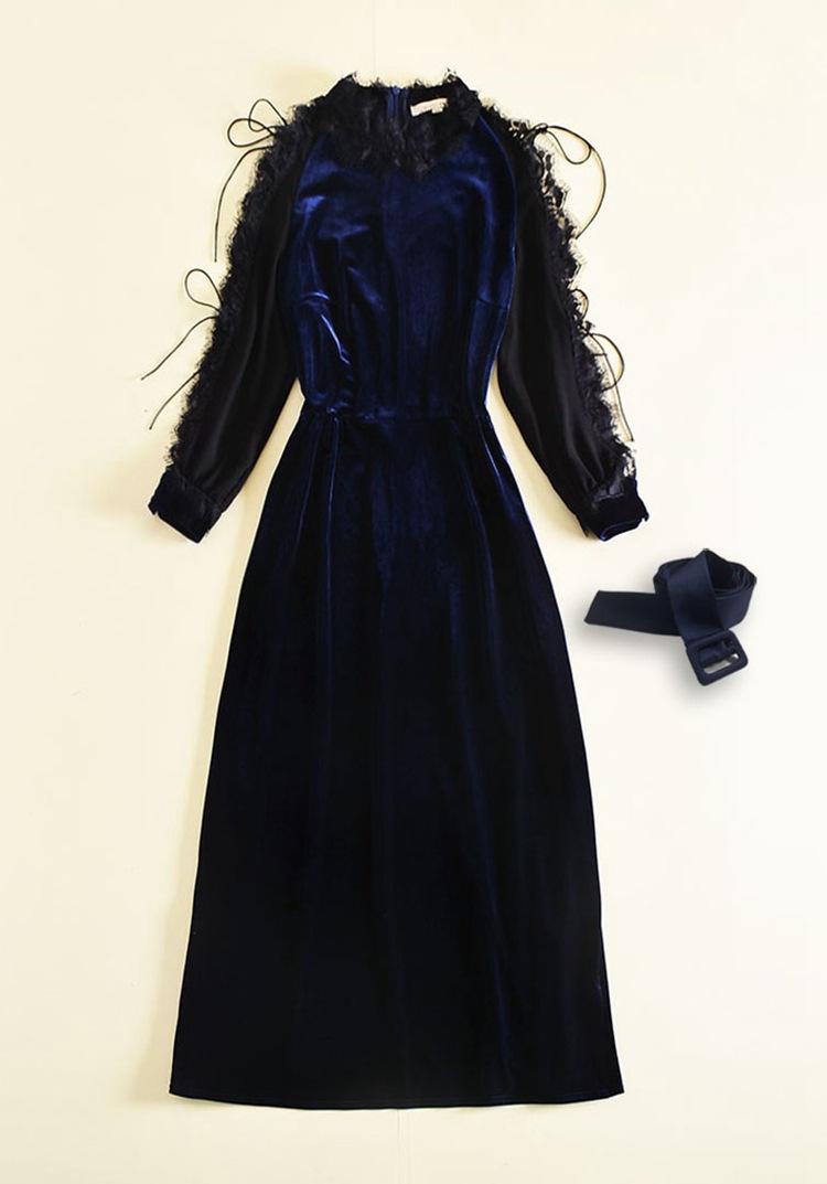 2017秋季新款时尚个性丝绒拼接蕾丝修身长裙