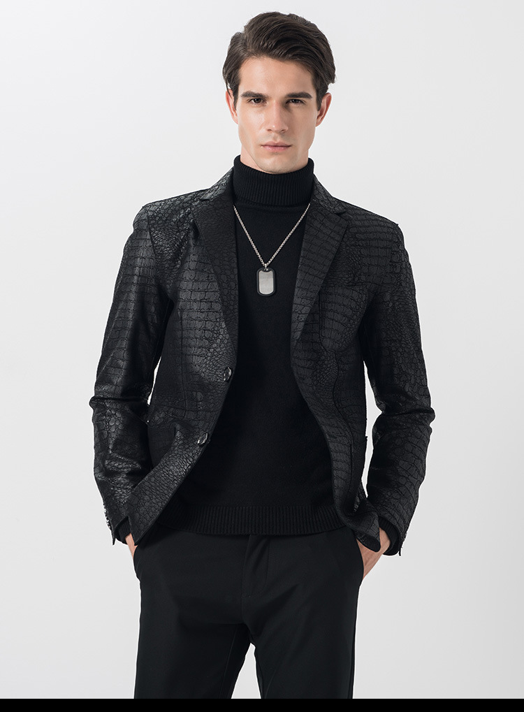 皮西服海宁真皮皮衣男士秋薄款绵羊皮鳄鱼纹真皮西装修身韩版帅气