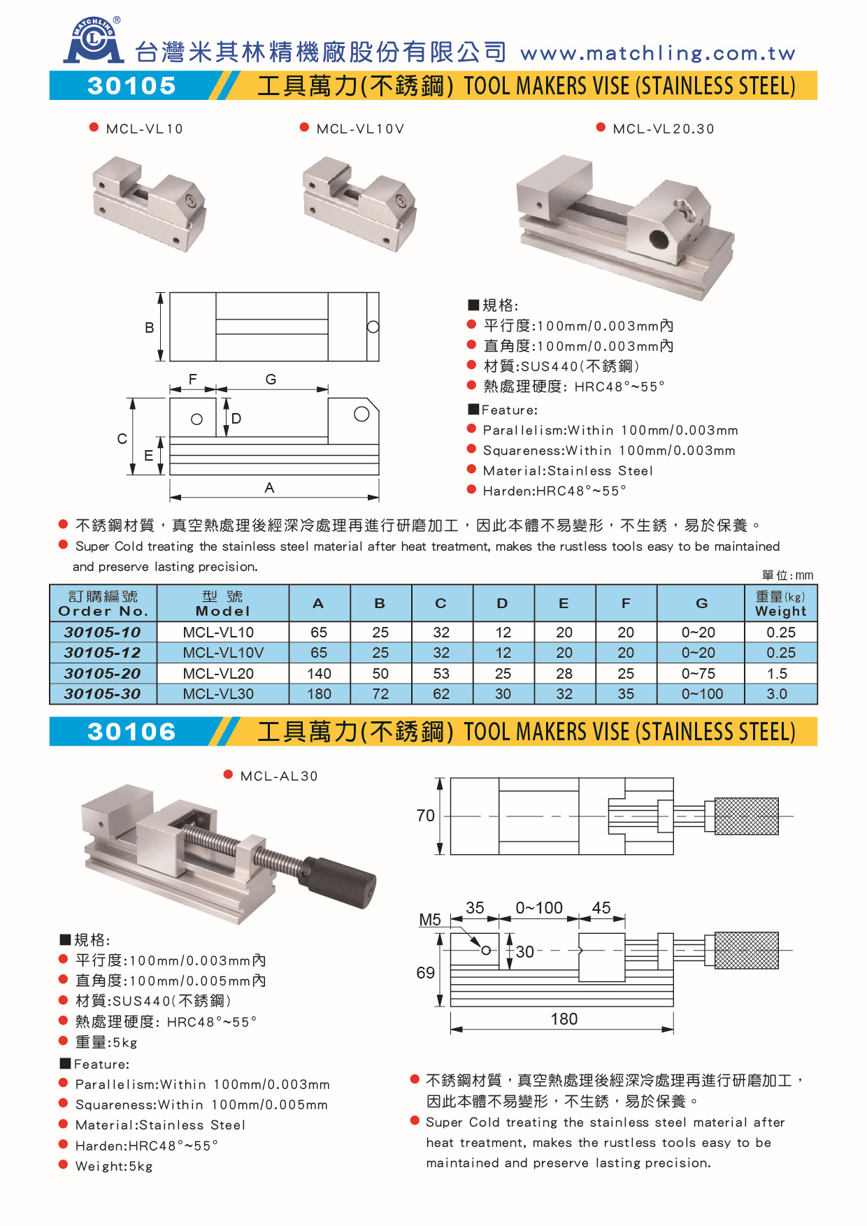 米其林matchling精机厂家代理 工具万力 平口钳不锈钢 mcl-al30