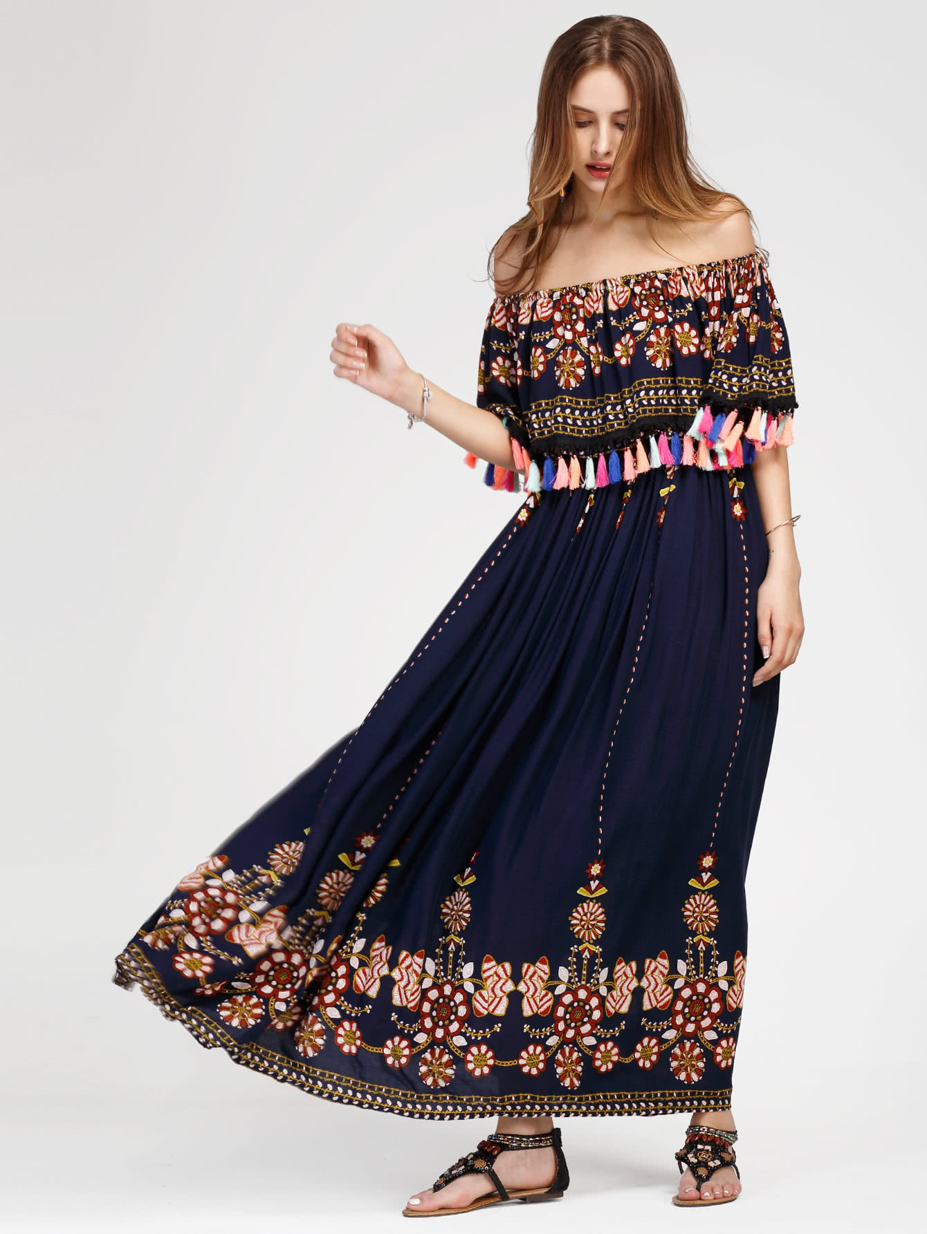 速卖通亚马逊ebay 欧美热销波西米亚印花一字肩流苏长裙 连衣裙