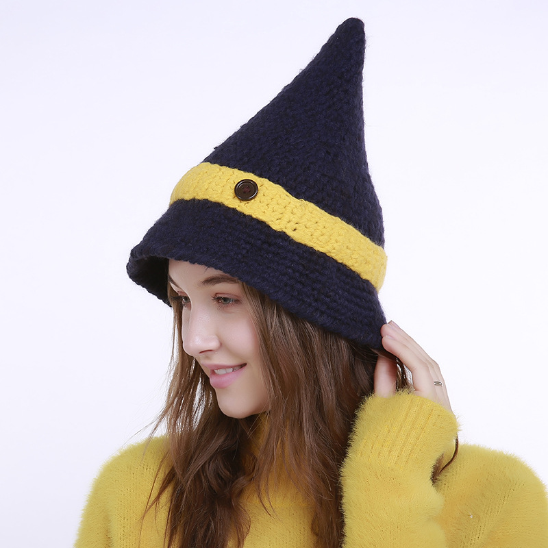 纯手工编织秋冬新款小尖头一个纽扣针织毛线混色帽子女巫尖尖帽