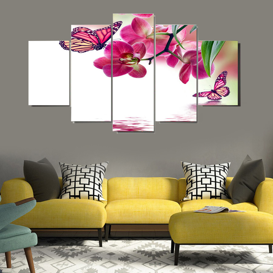 厂家直销高清微喷家居客厅卧室装饰画五联蝴蝶花wish亚马逊货源