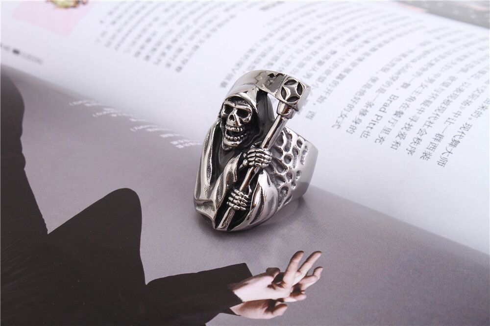 跨境欧美钛钢戒指死神镰刀骷髅头指环不锈钢戒指首饰饰品