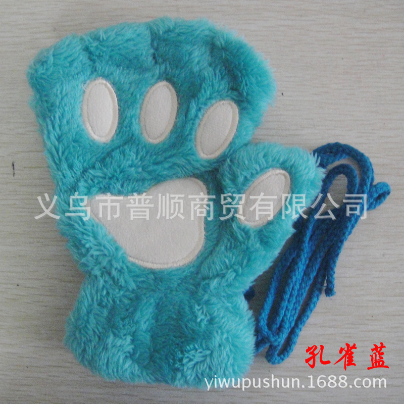 Winter Cute Cartoon Cat Girl Open Finger Cat's Paw Warm Gloves Thickened Fluff Hand-Shaped Brush Half Finger Gloves
