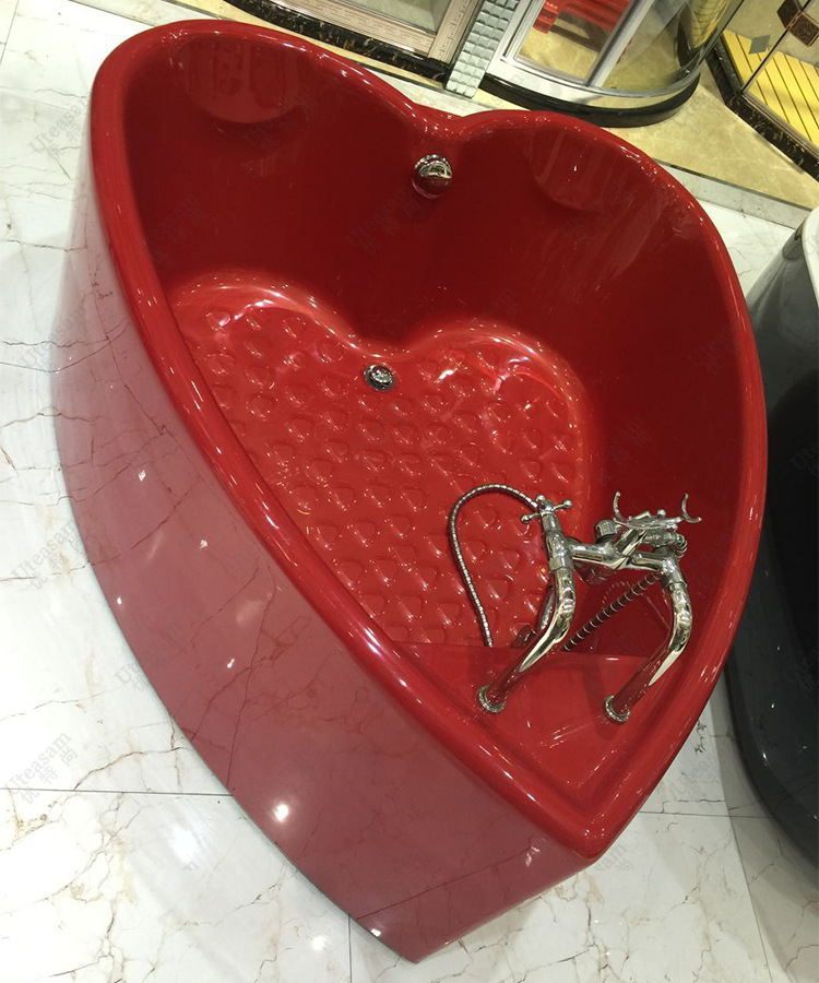 情侣浴缸厂家酒店水疗spa亚克力独立式双人冲浪按摩浴缸红色心形