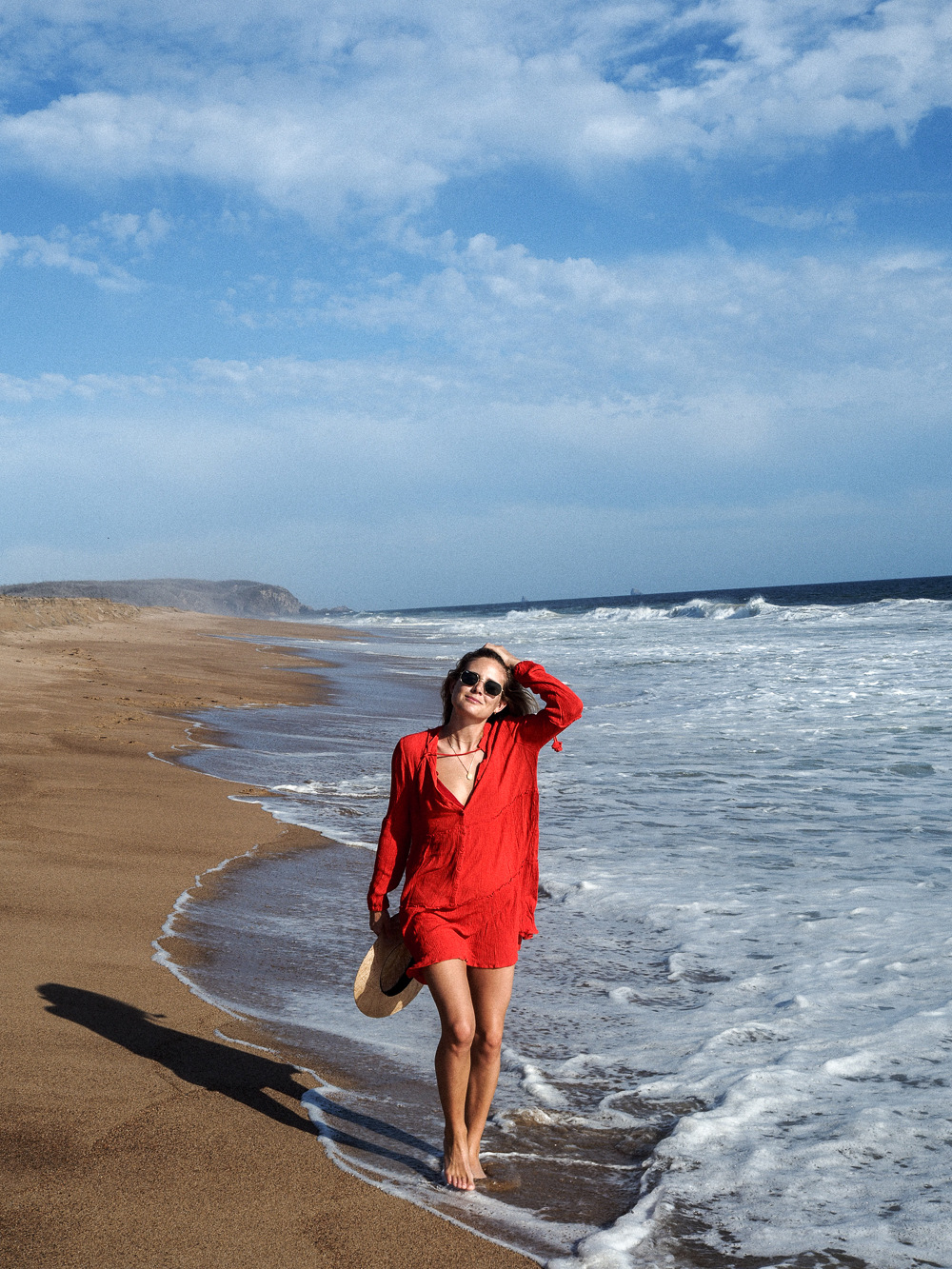 欧美红色人棉皱扣子沙滩比基尼外罩衫,度假裙沙滩裙