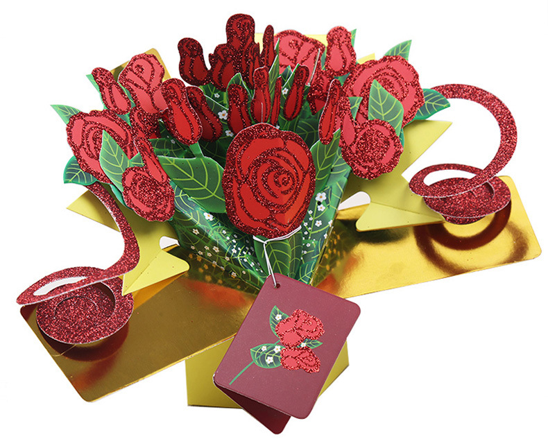 彩印立体贺卡情人节礼物带金粉玫瑰花贺卡可可黛伊感谢卡祝福卡