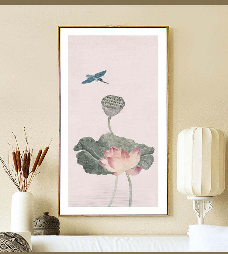 新中式手绘古韵荷塘装饰画客厅沙发厂家直销墙有框三联画卧室挂画