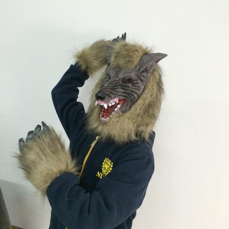 化妆服饰道具-万圣节动物套装灰色狼头狼手套恐怖乳胶面具化装舞会