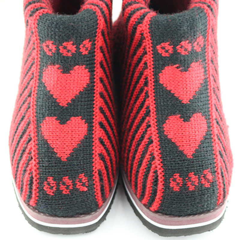 爱心毛线棉鞋冬女款手工毛线靴女式桃心毛线靴上海毛线鞋批发一件