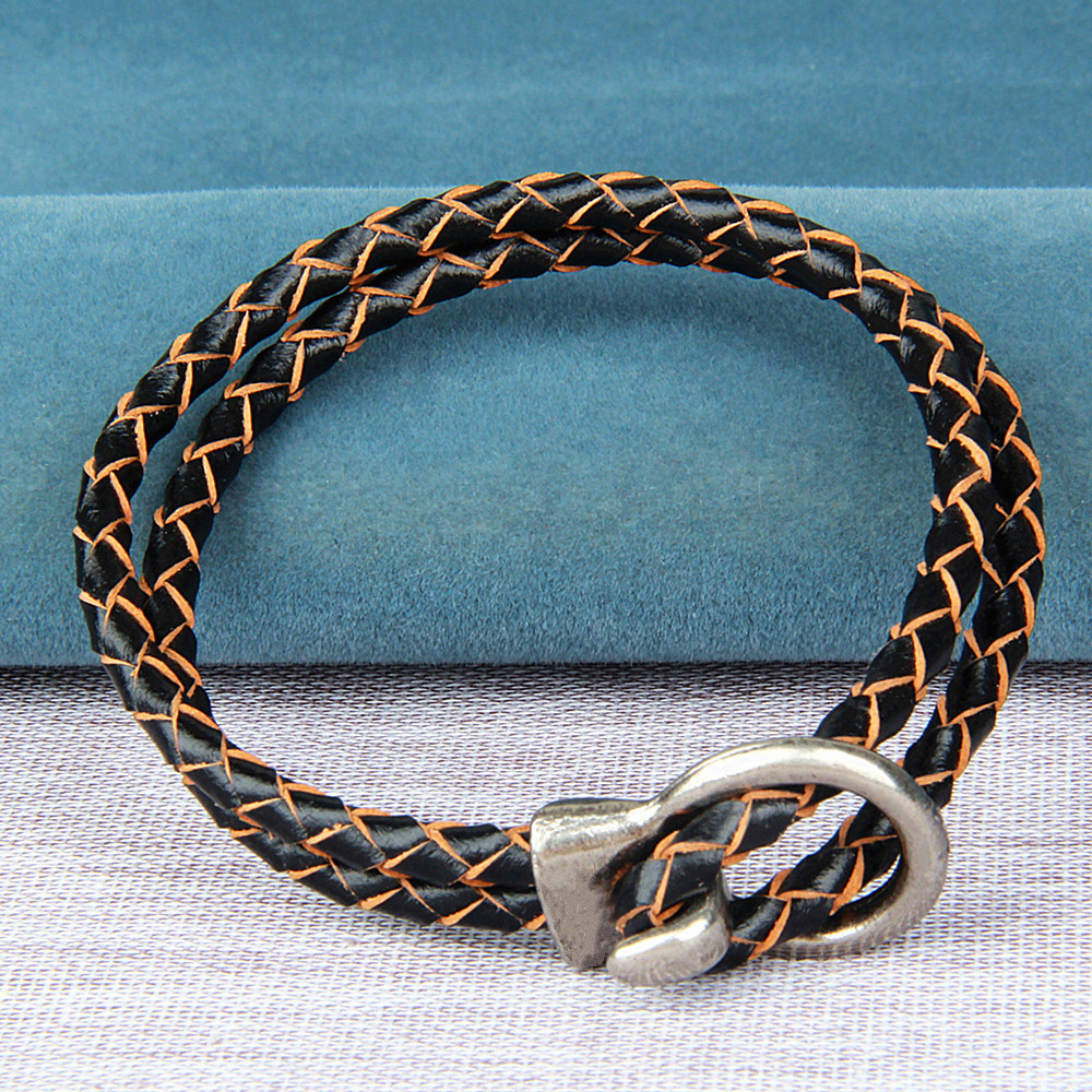 欧美复古简约编织皮绳手链创意新款个性异形挂钩扣子皮手链