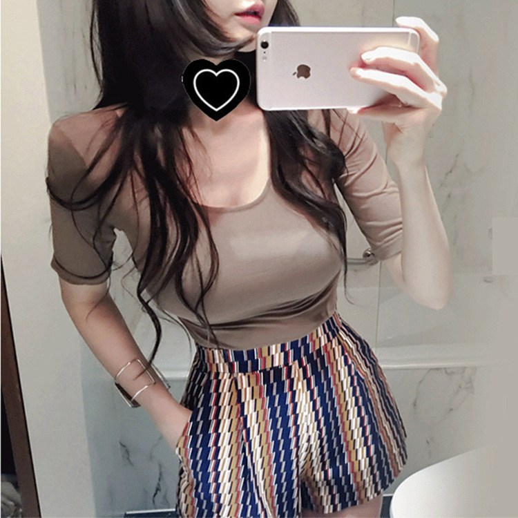 妃洛邑澜 春秋装新款大领口性感露胸t恤女棉紧身低领上衣潮韩版百